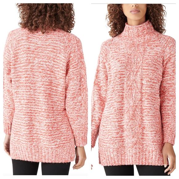 NEW Lucky Brand Sweater Mock Neck Cable Knit Red/White Tunic Oversized XS - Picture 2 of 6